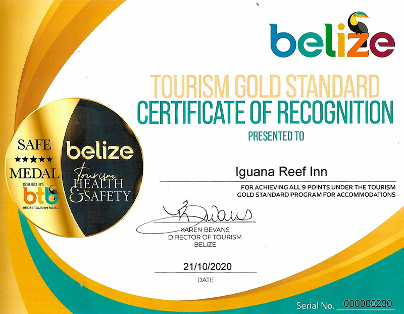 Iguana Reef Inn Gold Standard certificate
